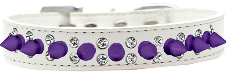 Double Crystal and Purple Spikes Dog Collar White Size 20